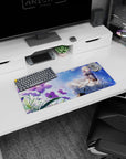 28x12 inches mouse pad showing a blonde anime girl in billowing white skirts, ribboned collar, petals drifting.