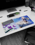 Blonde anime girl in billowing white skirt storm by purple blooms on mouse pad 32x16 inches.