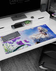 Blonde anime girl poses in billowing white skirts by purple blooms on desk pad 36x16 inches.