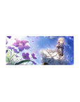 28x12 inches anime girl mouse pad with blonde girl in white lace skirt, violet jacket, and purple flowers.