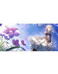 Anime girl desk pad 36x16 inches with blonde girl in white lace skirts, violet jacket, purple flowers.