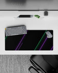 28x12 inches mouse pad with cyberpunk design, featuring bold green and purple neon lines on a black background for a modern, gaming atmosphere.