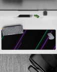32x12 inches mouse pad with cyberpunk design, blending neon green and purple lines with a sleek black background for a tech-inspired, modern look.