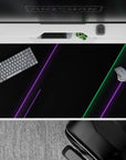 40x20 inches desk pad with cyberpunk design, showcasing sharp green and purple neon lines on a smooth black backdrop for a modern, futuristic look.