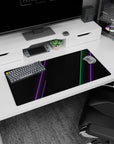 Modern 32x16 inches mouse pad featuring cyberpunk design, with green and purple neon lines on a sleek black background for a tech-driven workspace.