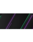 Desk pad featuring cyberpunk design, 36x16 inches, with neon green and purple lines on a smooth black background for a bold, modern workspace vibe.