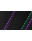 Desk pad featuring cyberpunk design, 40x20 inches, with sharp green and purple neon lines on a black background for a tech-driven vibe.