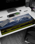 Large 40x20 inches mouse pad showcasing snow-capped peaks and vibrant greenery for a serene, dynamic nature landscape.