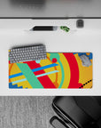 28x12 inches mouse pad with vibrant abstract design, featuring bold red, blue, green, and yellow strokes for an energetic workspace atmosphere.