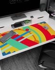 Large 40x20 inches desk pad featuring vibrant abstract design, with geometric strokes of red, blue, green, and yellow for a lively, creative atmosphere.