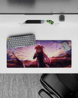 Anime girl mouse pad 28x12 inches in warm peach clouds and violet sparks, cozy sunset vibes for gaming.