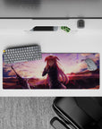 32x12 inches anime mouse pad in sunset peach clouds with violet sparks, dreamy shy-smile vibe.