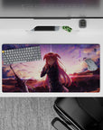 32x16 inches mouse pad in warm sunset peach clouds with violet sparks, cozy dreamy anime desk vibes.