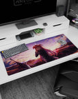 Anime girl desk pad 36x16 inches showing shy smile, hand to cheek, ribbon-pink hair, sword nearby.