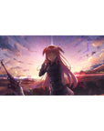 40x20 inches anime girl desk pad with pink-haired schoolgirl, dark uniform, and giant sword at sunset.