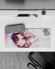 Shinobu themed 28x12 inch anime mouse pad from Demon Slayer, featuring her violet eyes and floating butterflies in pastel hues.