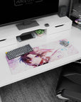 Shinobu from Demon Slayer on a 32x12 inch anime mouse pad, violet eyes glowing, butterflies float in pastel hues.
