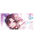 Shinobu from Demon Slayer on a 32x16 inch anime mouse pad with violet eyes and pastel hues, evoking a dreamy feel.