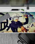 Sleek 40x20 desk pad showcases Trafalgar Law's signature stance and iconic "DEATH" tattoo for bold anime style