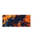 Mouse pad featuring bold fractal swirls in orange, navy, and red, 28x12 inches, perfect for making a vibrant artistic statement in your workspace.
