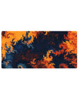 Mouse pad featuring fractal swirls in fiery orange, navy, and red, 32x16 inches, perfect for adding dynamic energy and artistic flair to your workspace.