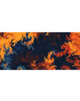 Fractal design desk pad featuring fiery orange, navy, and red swirls, 36x16 inches, perfect for adding dynamic energy and artistic depth to your desk setup.