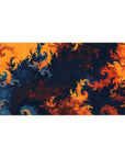 Desk pad featuring swirling fractal patterns in fiery orange, navy, and red, 40x20 inches, perfect for infusing your workspace with vibrant energy and dynamic creativity.