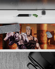 36x16 inches desk pad with Polnareff and Silver Chariot from JoJo's Bizarre Adventure, exuding the might of Silver Chariot in a dramatic Egyptian setting.
