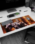 Artistic 36x16 inches desk pad with Polnareff and Silver Chariot from JoJo's Bizarre Adventure, combining Egyptian elements with the shining armor of Silver Chariot.