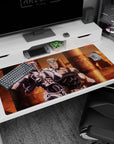 Large 40x20 inches desk pad featuring Polnareff and Silver Chariot from JoJo's Bizarre Adventure, capturing the epic Egyptian backdrop and fierce armor.