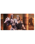 Mouse pad featuring Polnareff and Silver Chariot from JoJo's Bizarre Adventure, 32x16 inches, with an epic Egyptian backdrop and Silver Chariot's armor.