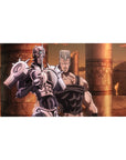 Desk pad featuring Polnareff and Silver Chariot from JoJo's Bizarre Adventure, 40x20 inches, with an Egyptian backdrop and shining armor.