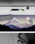 36x16 inches mouse pad with snow-capped mountains, blending soft purples and grays for a peaceful aesthetic.