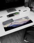 Artistic 32x12 inches mouse pad featuring snow-capped mountains in soft purples and grays for tranquility.