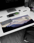 Artistic 36x16 inches mouse pad with snow-capped mountains, soft purples, and grays for a refined look.
