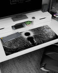 Artistic 36x16 inches desk pad featuring Guts beneath the Eclipse with swirling shadows and epic patterns in the sky, perfect for adding a raw, dark aesthetic to your desk.