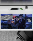 Anime mouse pad 32x16 inches featuring Chainsaw Man's Denji, Power, and Aki in a neon-lit city scene with urban charm.