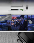 Chainsaw Man desk pad 36x16 inches featuring Denji, Power, and Aki under neon lights, with urban night aesthetics.