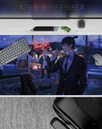 Desk pad featuring 40x20 inches scene from Chainsaw Man with Denji, Power, and Aki in a neon-lit cityscape.