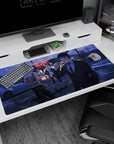 Anime mouse pad 40x20 inches featuring Denji, Power, and Aki from Chainsaw Man, eating burgers in neon city lights.