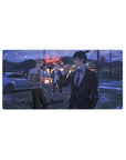 Chainsaw Man mouse pad 32x16 inches featuring Denji, Power, and Aki in a neon-lit cityscape with burgers and smoke.