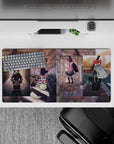 32x16 inches pastel anime girl mouse pad in warm sunlight and city glow, soft shadows and reflections.