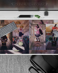 Pastel anime girl desk pad 40x20 inches with warm sunlight, city reflections, and soft-shadowed uniforms.