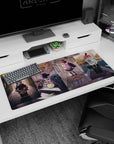 36x16 inches anime desk pad showing pink-haired girl posing by train door as friends lounge on amp and drum.