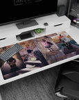 40x20 inches anime girl desk pad showing a pink-haired band girl posing by a train door, amp and drum.