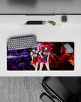 High School DxD mouse pad featuring Rias Gremory and Akeno Himejima in a forest with lightning and flames, 28x12 inches.