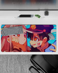 Romantic anime desk mat 32x16 inches in sky-blue with warm peach shading and vivid amber eyes.