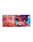 28x12 inches anime mouse pad with boy in dark school cap cupping pink-haired girl, sky-blue background.