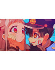 40x20 inches anime desk pad with boy in dark school cap cupping pink-haired girl, close-up romance scene.