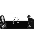 Anime desk pad 36x16 inches featuring Itachi Uchiha from Naruto and Gojo Satoru from Jujutsu Kaisen in monochrome split design.